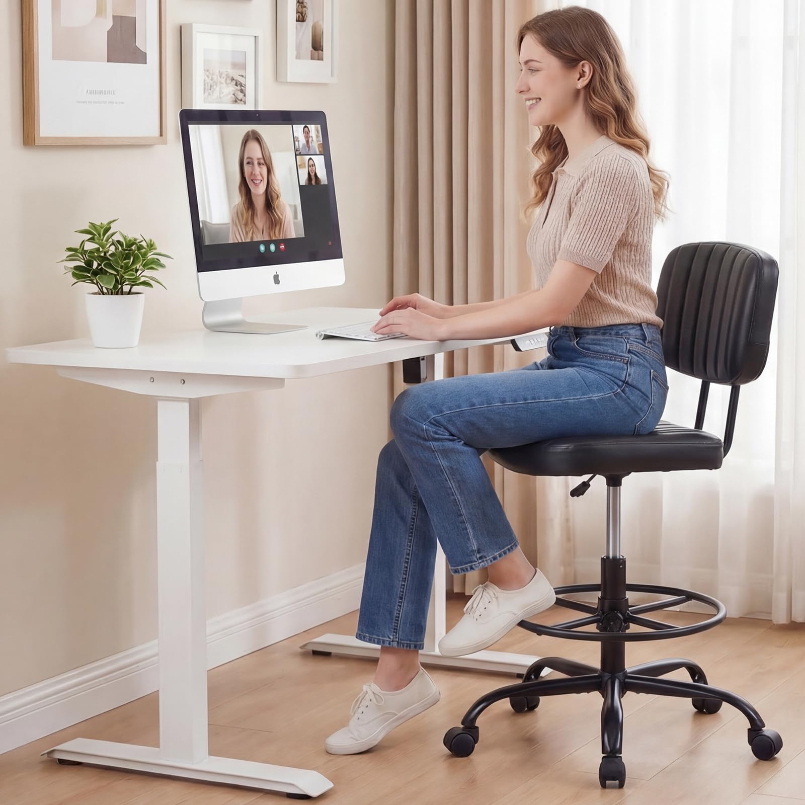 Armless Drafting Chair, Low Back Office Seat with Adjustable Footrest Ring for Standing Desk, Ergonomic PU Leather Office Seating, Swivel Rolling High Stool for Studio, Lab, Counter, Black