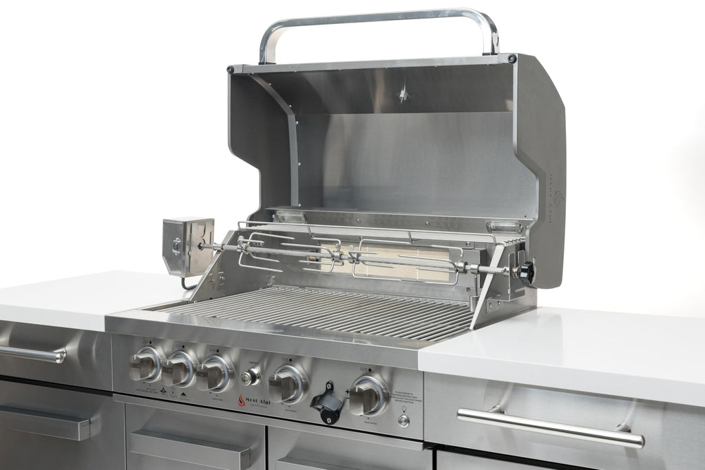 Premium 70"W x 24"D Stainless Steel Compact Outdoor Kitchen Island with Refrigerator + 32"W 4-Burner BBQ Grill with Infrared Rotisserie Burner + Storage Cabinets + White Granite Countertops