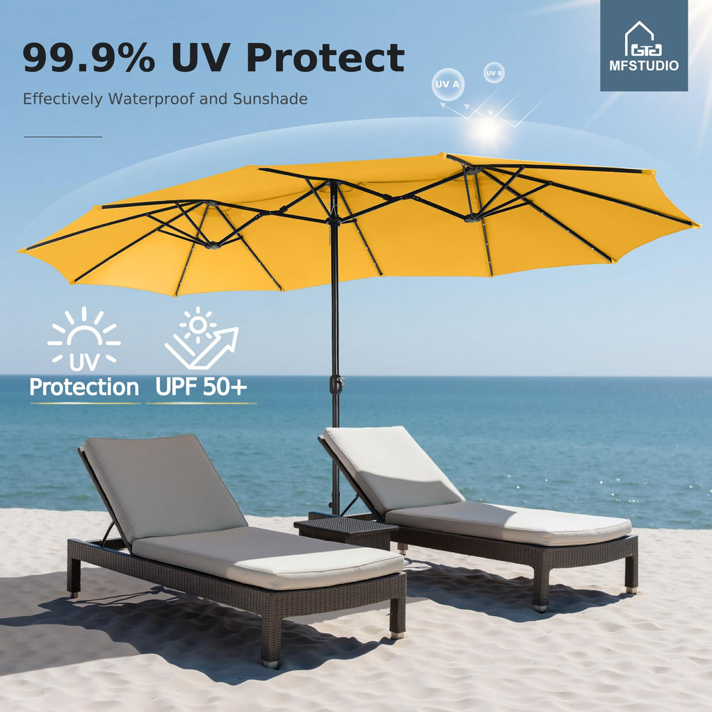 15ft Double Sided Patio Umbrella with Solar Lights, Outdoor Large Umbrellas with Crank Handle and 36 LED Lights, Rectangular Market Umbrella with Base Included for Deck Pool, Gold Yellow