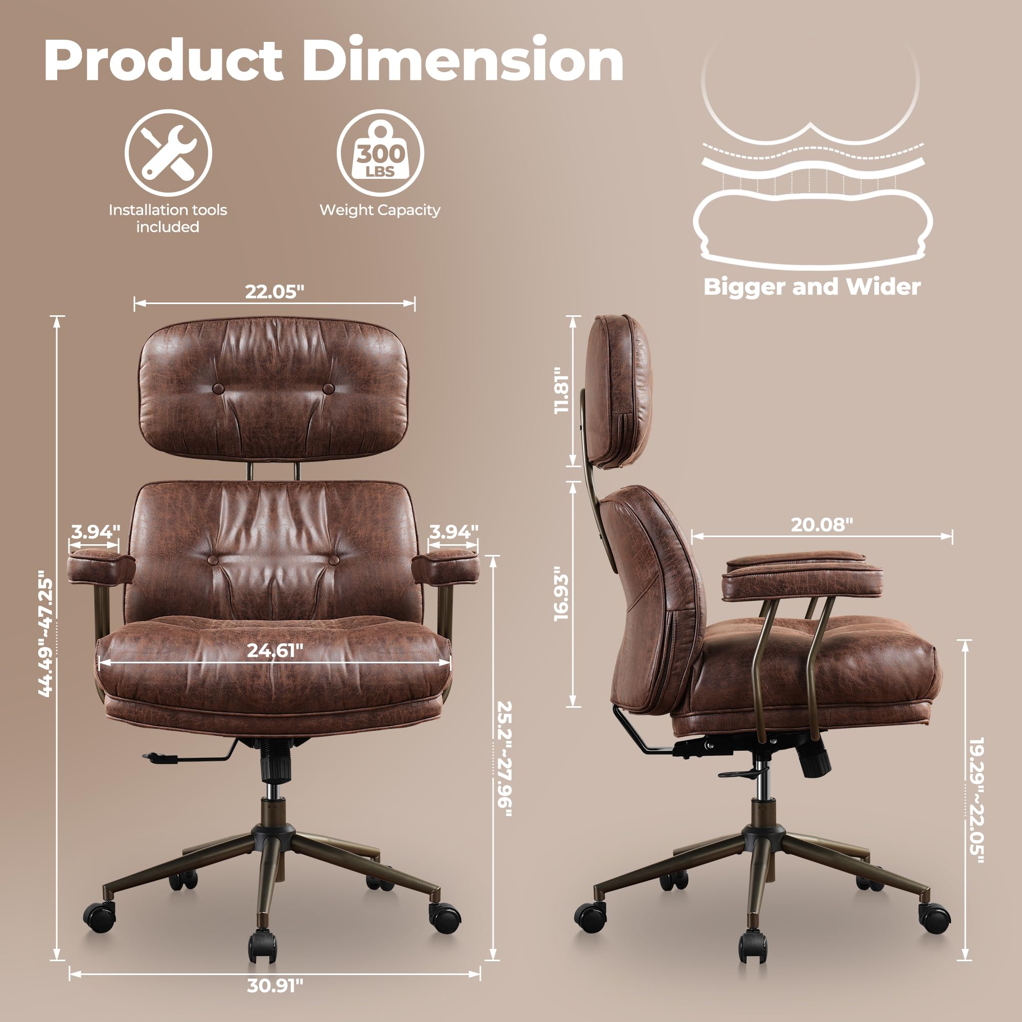 Ergonomic Office Chair, High Back Faux Leather Executive Chairs with Thick Cushion, Comfy Mid-Century Modern Swivel Rolling Computer Armchair (Dark Brown, Suede Leather)