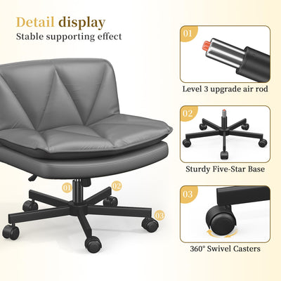 Ergonomic Office Chair, Comfy Criss Cross Chair with Wheels and 2 Layer Cushion, Wide Swivel Chair for Bedroom, Home Office, Makp-up Room, PU Leather, Grey