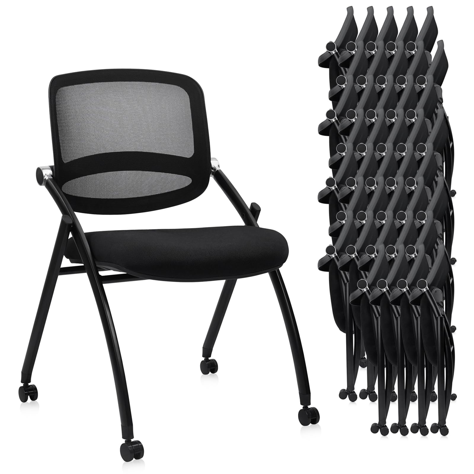 40PACK, Stackable & Foldable Chairs with Wheels, Reception Guest Chairs with Lumbar Support, Ergonomic Curved Mesh Back Folding Chair for Office Schools Conference Waiting Room, Black,