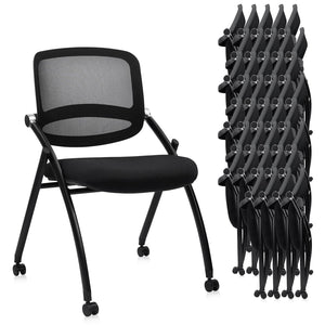 40PACK, Stackable & Foldable Chairs with Wheels, Reception Guest Chairs with Lumbar Support, Ergonomic Curved Mesh Back Folding Chair for Office Schools Conference Waiting Room, Black,