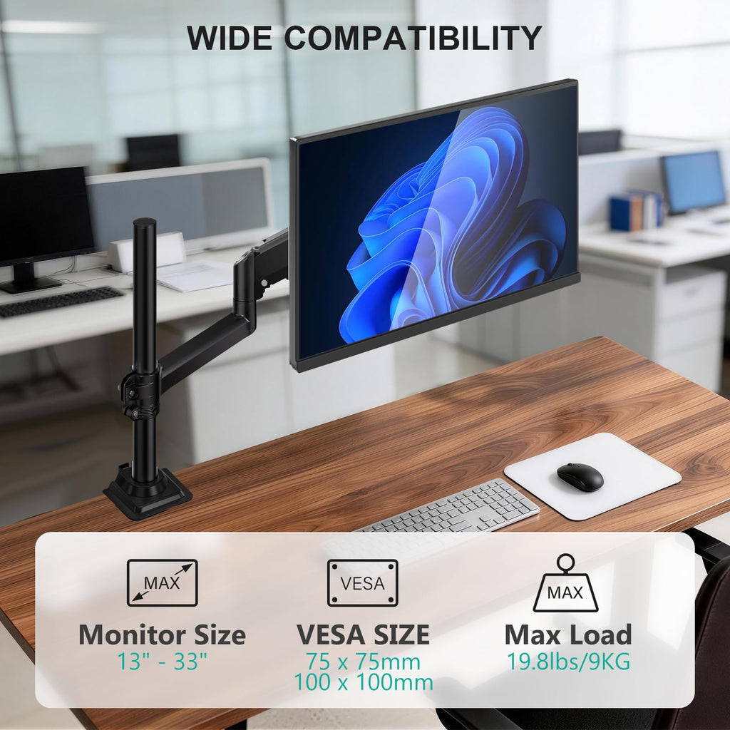 Single Monitor Arm 13-33 Inch, Single Monitor Mount, Vesa Desk Mount up to 19.8lbs Single Monitor Stand with Clamp, VESA 75x75mm or 100x100mm Compatibility(GSDM001), Black
