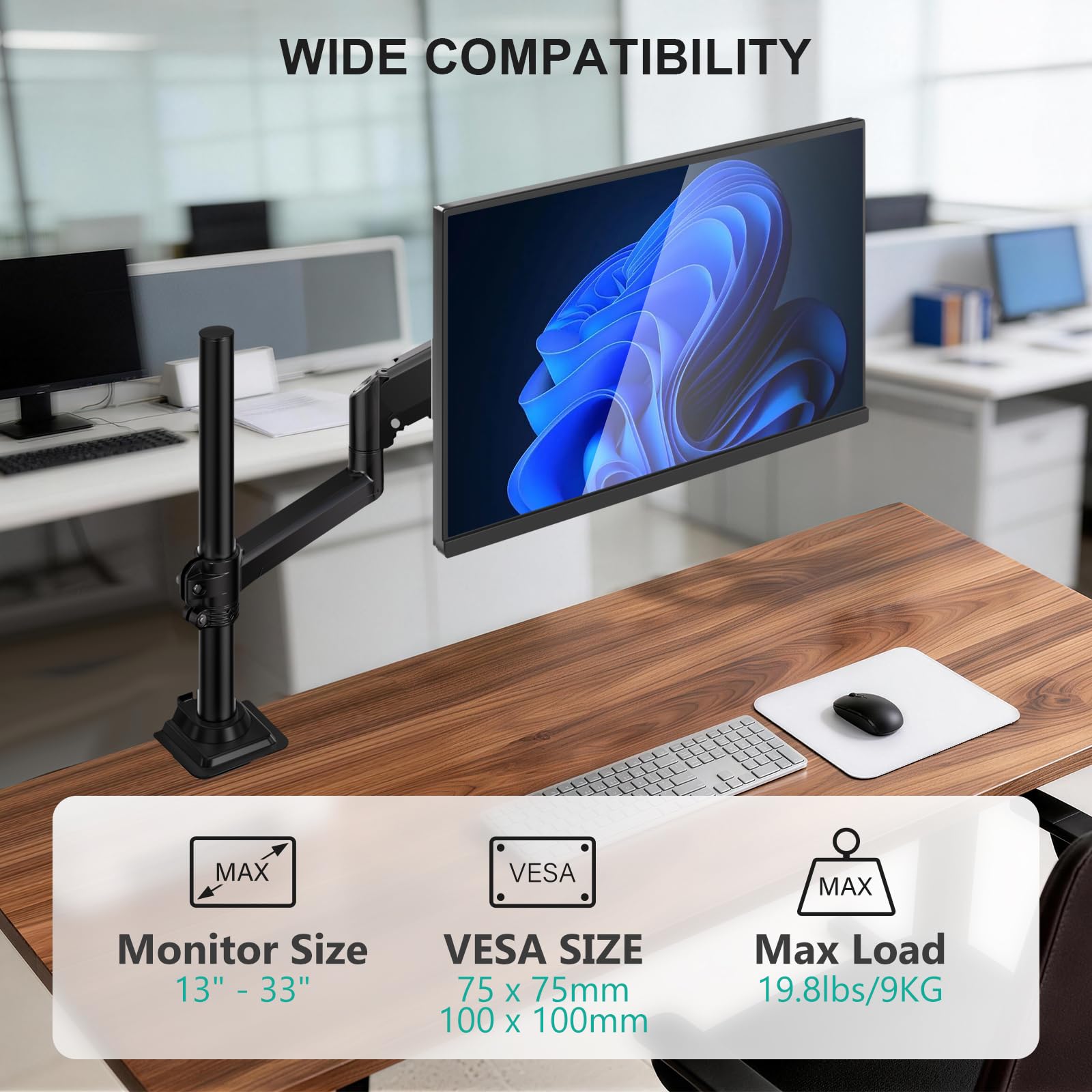 Single Monitor Arm 13-33 Inch, Single Monitor Mount, Vesa Desk Mount up to 19.8lbs Single Monitor Stand with Clamp, VESA 75x75mm or 100x100mm Compatibility(GSDM001), Black