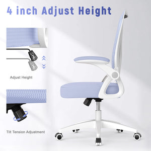 Ergonomic Office Chair, Mid Back Desk Chair with Adjustable Height, Flip-Up Arms and Lumbar Support, Breathable Mesh Swivel Computer Chair for Home Study Working/Light Purple