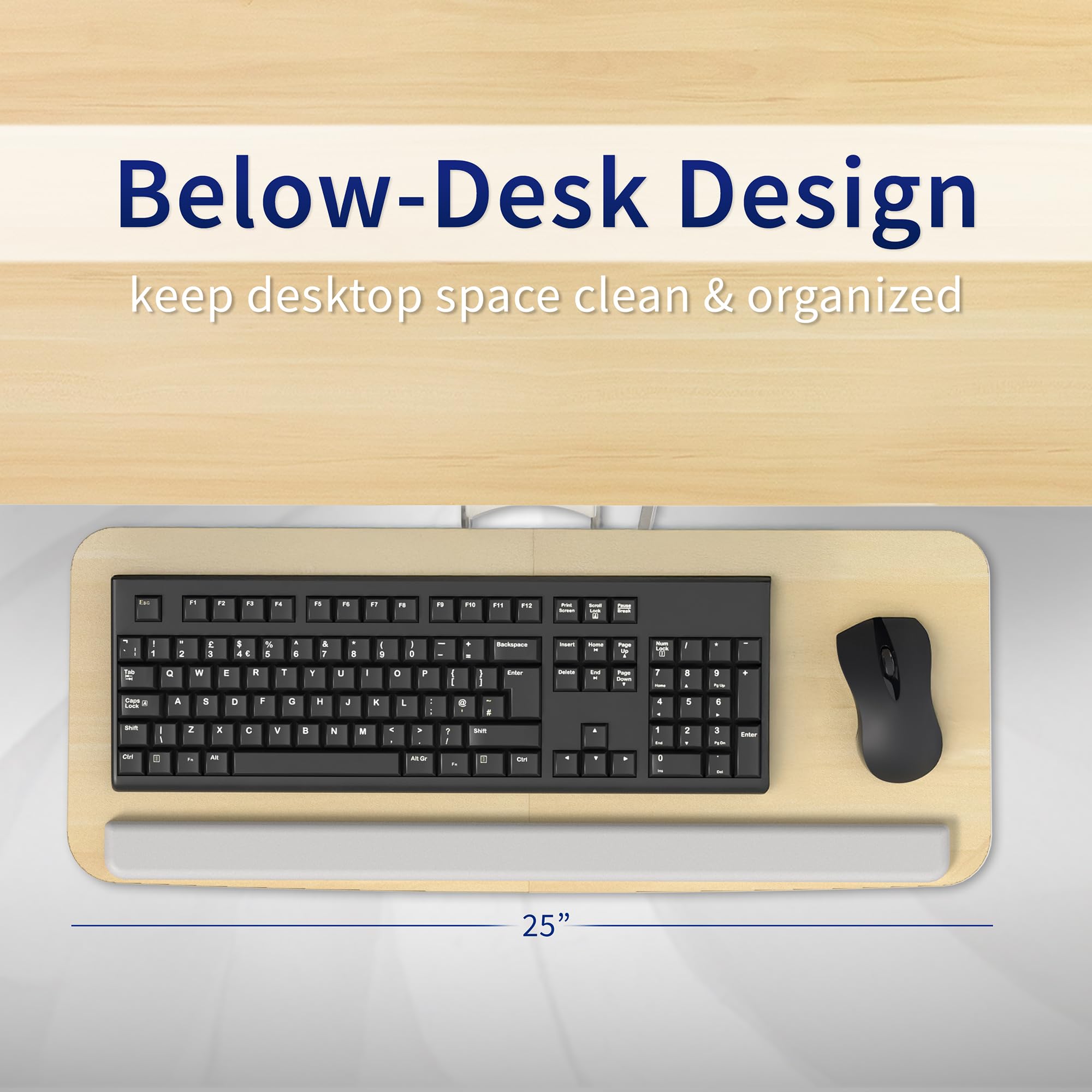 Adjustable Computer Keyboard and Mouse Platform Tray Ergonomic Under Table Desk Mount Drawer Underdesk Shelf, Light Wood, MOUNT-KB03C