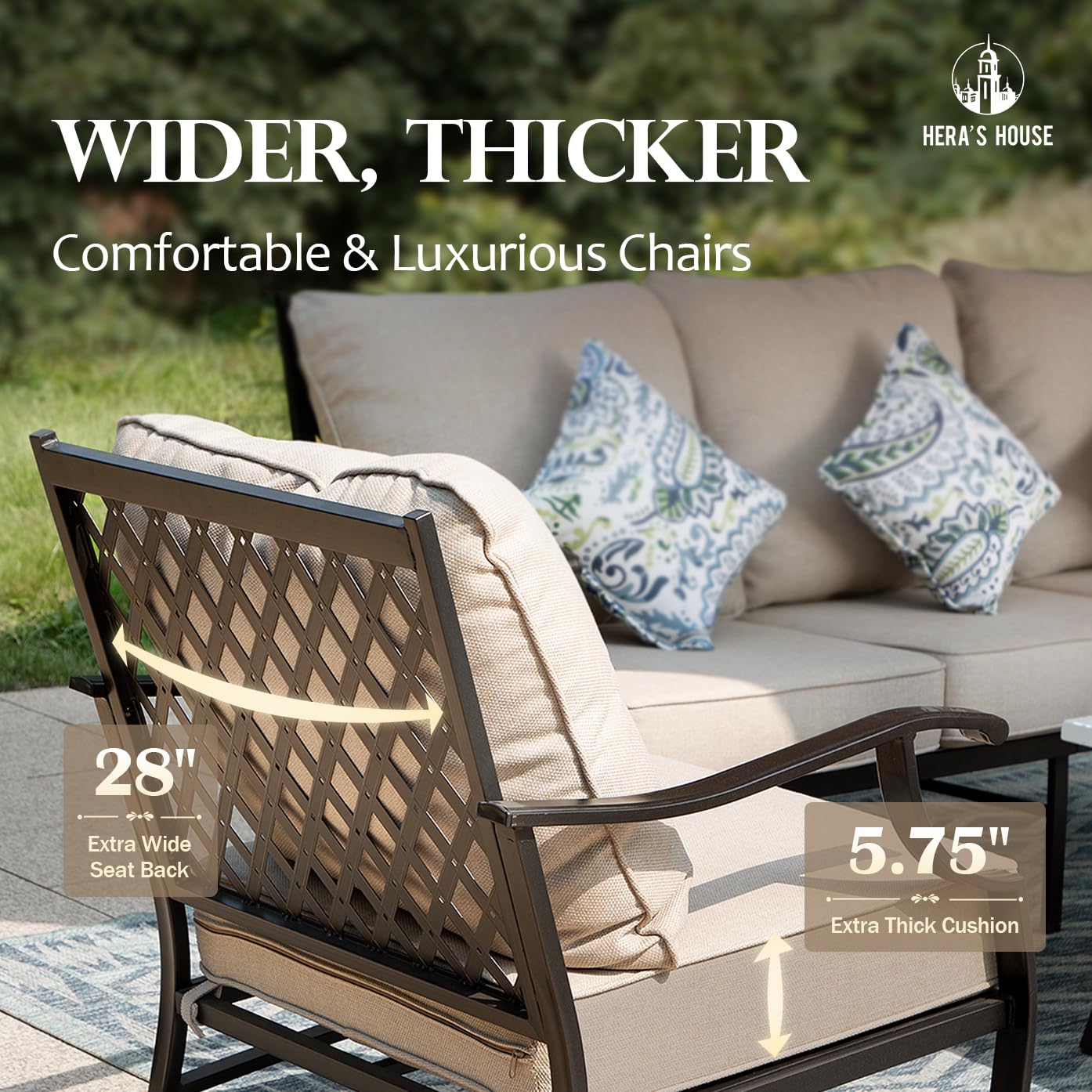 5 Piece Patio Furniture Set, 2 x Cushioned Metal Chair, 2 x Ottoman, 1 x 3-Seat Sofa, All Cushioned 7 Seats Outdoor Conversation Set for Lawn Garden Backyard