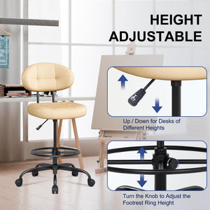 Drafting Chair Without Arms, Tall Office Chair with Footrest Ring for Standing Desk, Small Faux Leather Executive Office Chair with Adjustable Height for Bar Lab Counter Height Desk, Khaki