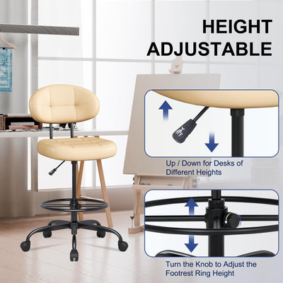 Drafting Chair Without Arms, Tall Office Chair with Footrest Ring for Standing Desk, Small Faux Leather Executive Office Chair with Adjustable Height for Bar Lab Counter Height Desk, Khaki