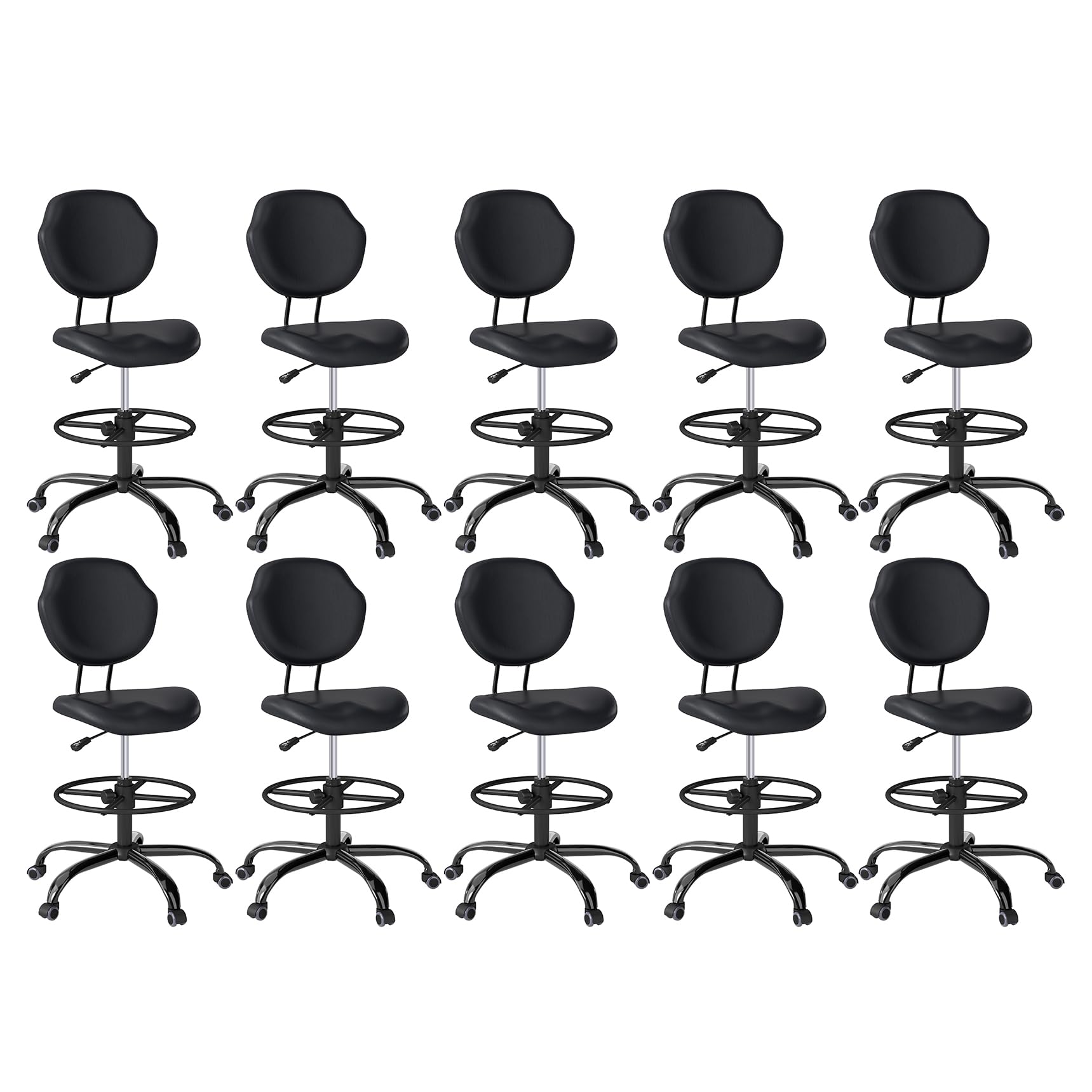 (Black, 10 Pack) Drafting Chair with Back Support, Tall/High Desk Rolling Stool, Faux Leather Office Chair with Height Adjustable for Standing Desk, Home Office, Bar, Workbench & Kitchen