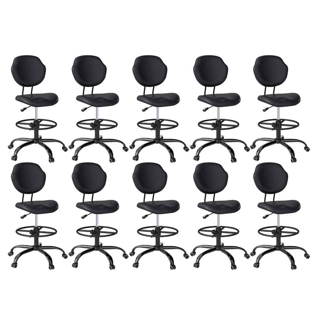(Black, 10 Pack) Drafting Chair with Back Support, Tall/High Desk Rolling Stool, Faux Leather Office Chair with Height Adjustable for Standing Desk, Home Office, Bar, Workbench & Kitchen