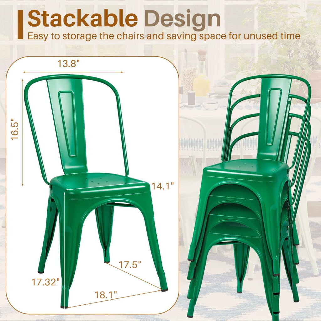 Metal Dining Chair Indoor Outdoor Use Stackable Classic Trattoria Chair Chic Dining Bistro Cafe Side Metal Chairs Set of 4 (Green)