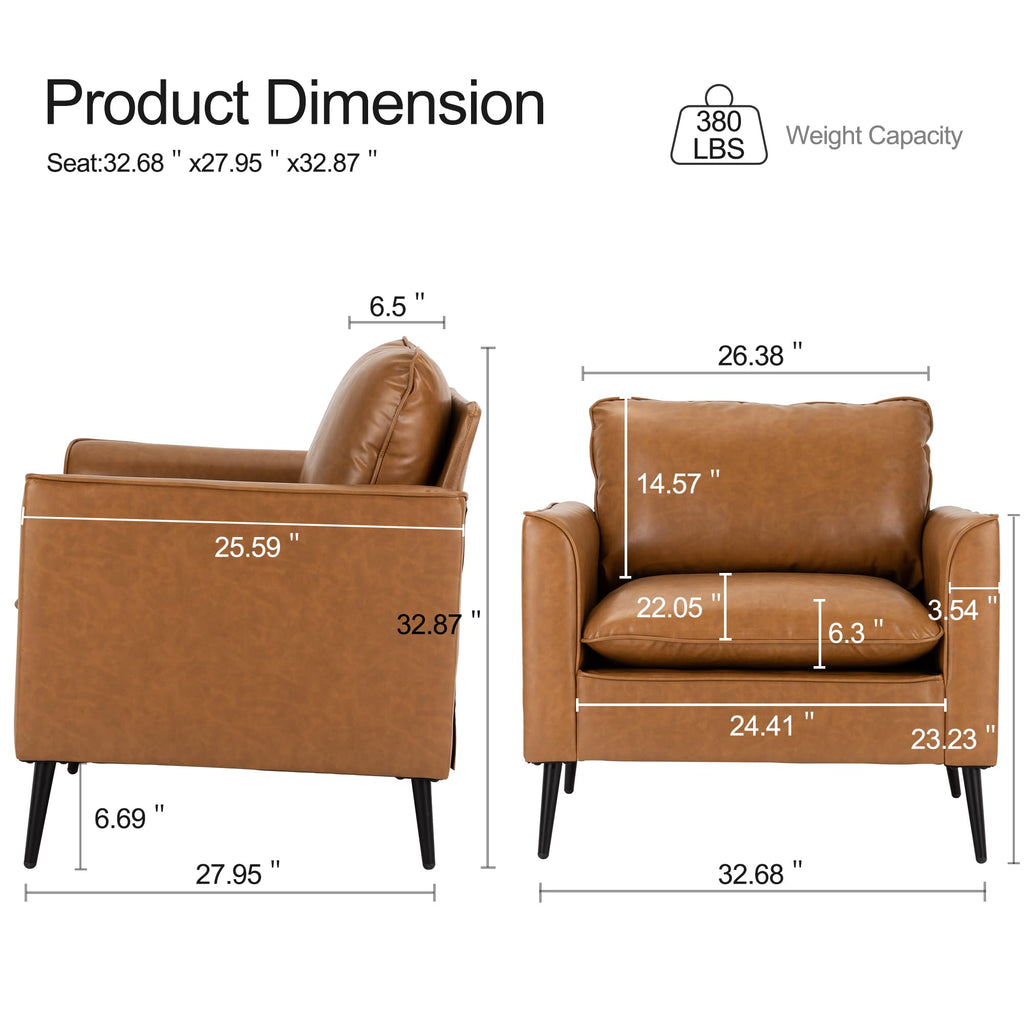 Modern Leather Chair Set of 2, Oversized Armchair for Living Room, Mid-Century Accent Reading Chair for Bedroom Comfy