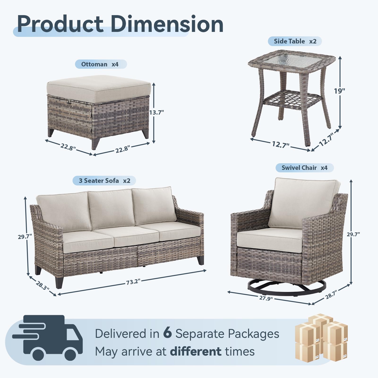 12 Piece Patio Furniture Set-High Back Outdoor Furniture Set Sectional Sofa with Wicker Swivel Patio Chairs,Comfy Cushions Ottomans for Porch Balcony Patio Deck Grey/Beige