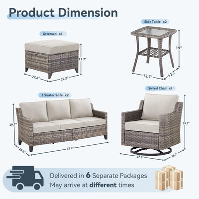 12 Piece Patio Furniture Set-High Back Outdoor Furniture Set Sectional Sofa with Wicker Swivel Patio Chairs,Comfy Cushions Ottomans for Porch Balcony Patio Deck Grey/Beige