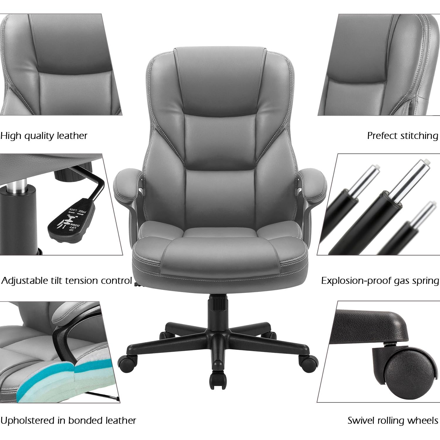 Office Executive Chair High Back Adjustable Managerial Home Desk Chair, Swivel Computer PU Leather Chair with Lumbar Support (2, Gray)