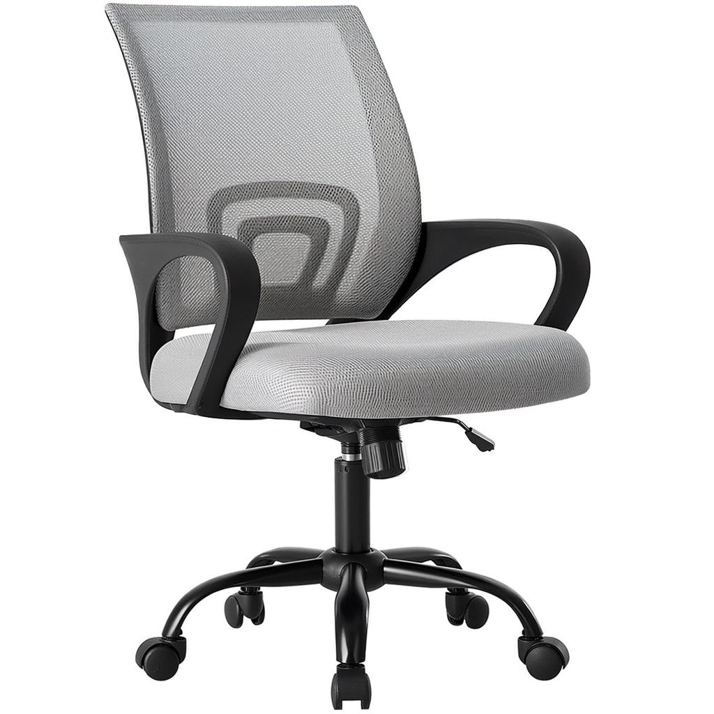 Office Desk Chair - Ergonomic Mid Back with Lumbar Support & Rocking Mode, Height Adjustable with Fixed Armrest, Storage Back for Computer, Gaming, Conference, Meeting Room, 360° Swivel, Grey