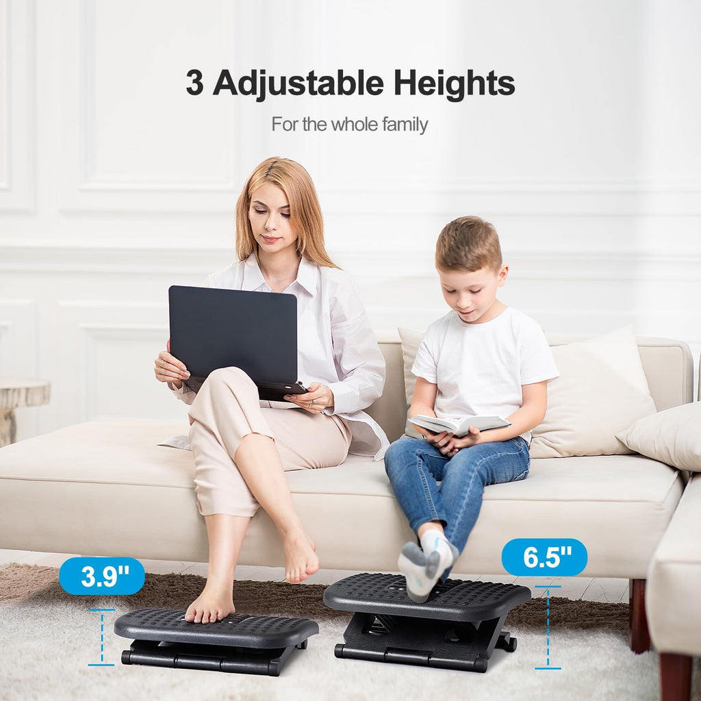 Foot Rest for Under Desk at Work, Adjustable Footrest with Massage Texture and Roller, Ergonomic Foot Stool with 3 Height Position, 30 Degree Tilt Angle Adjustment for Home, Office