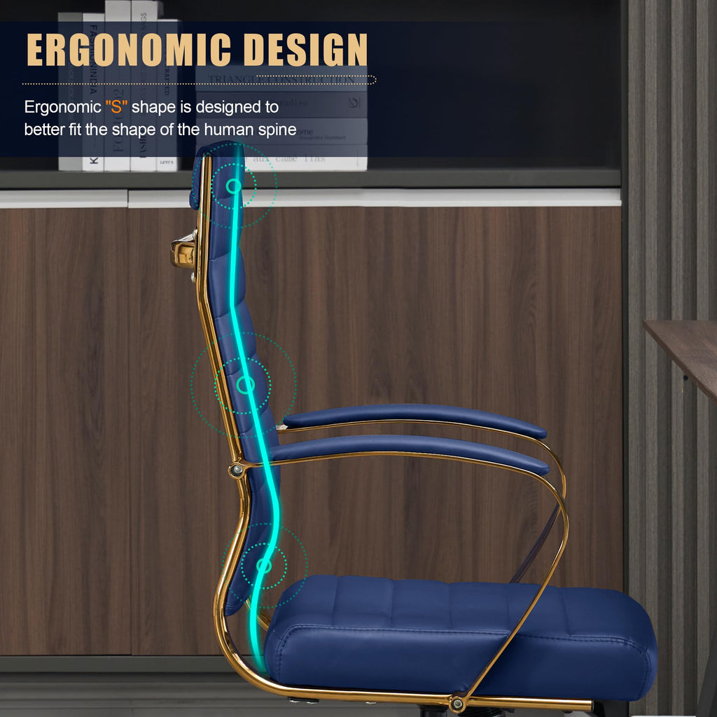 Gold Office Desk Chair, Ergonomic Leather Modern Conference Room Chairs, Executive Ribbed Height Adjustable Swivel Rolling Golden Chair for Home Office.