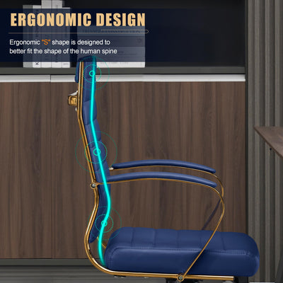 Gold Office Desk Chair, Ergonomic Leather Modern Conference Room Chairs, Executive Ribbed Height Adjustable Swivel Rolling Golden Chair for Home Office.