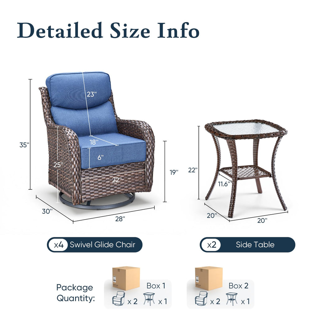 Luxury 6" Thick Cushioned Outdoor Swivel Rocker Patio Chairs Set of 4 with Side Table, High Back Wicker Furniture Set with Ergonomic Zone Back, Conversation Set for Deck Porch - Brown+Blue