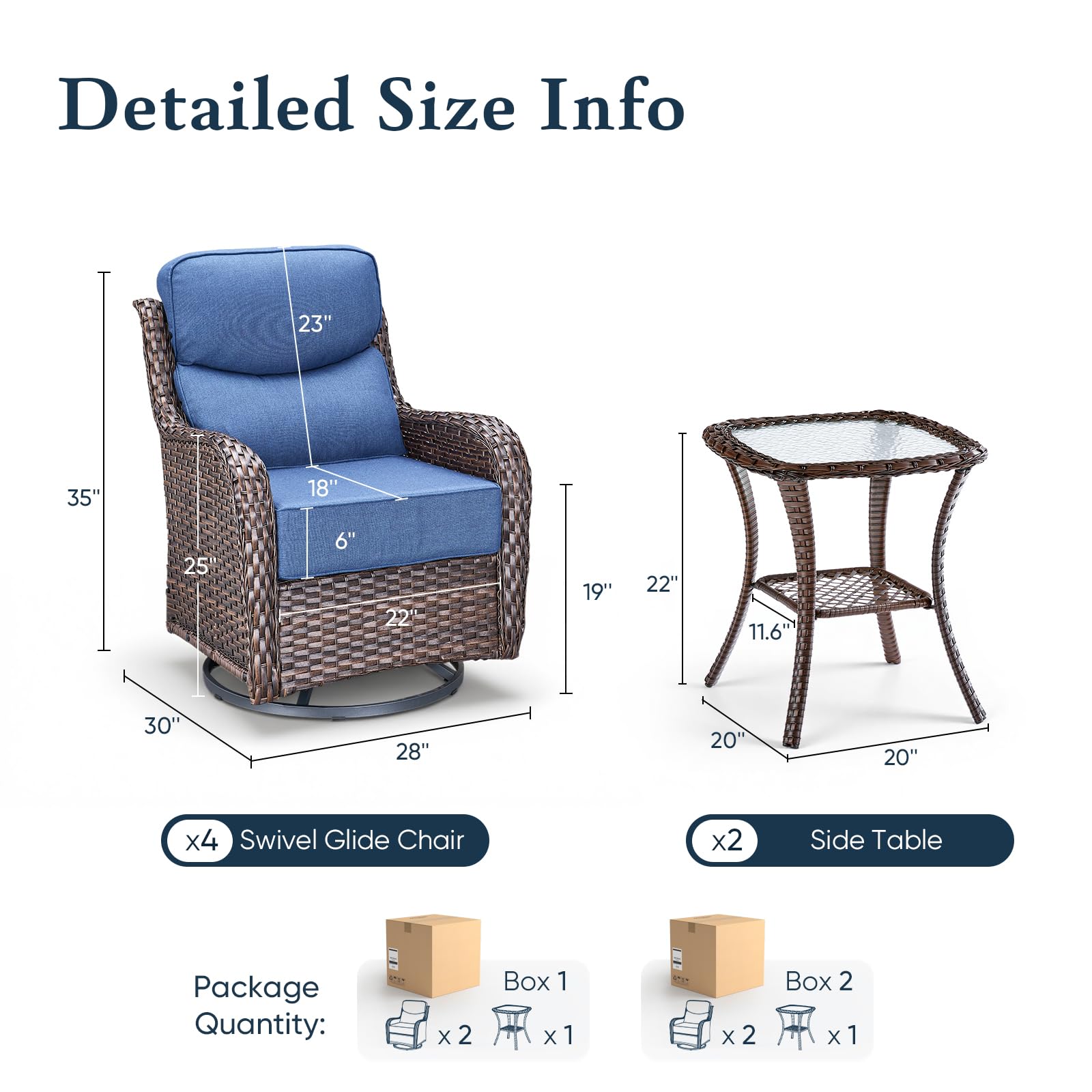 Luxury 6" Thick Cushioned Outdoor Swivel Rocker Patio Chairs Set of 4 with Side Table, High Back Wicker Furniture Set with Ergonomic Zone Back, Conversation Set for Deck Porch - Brown+Blue