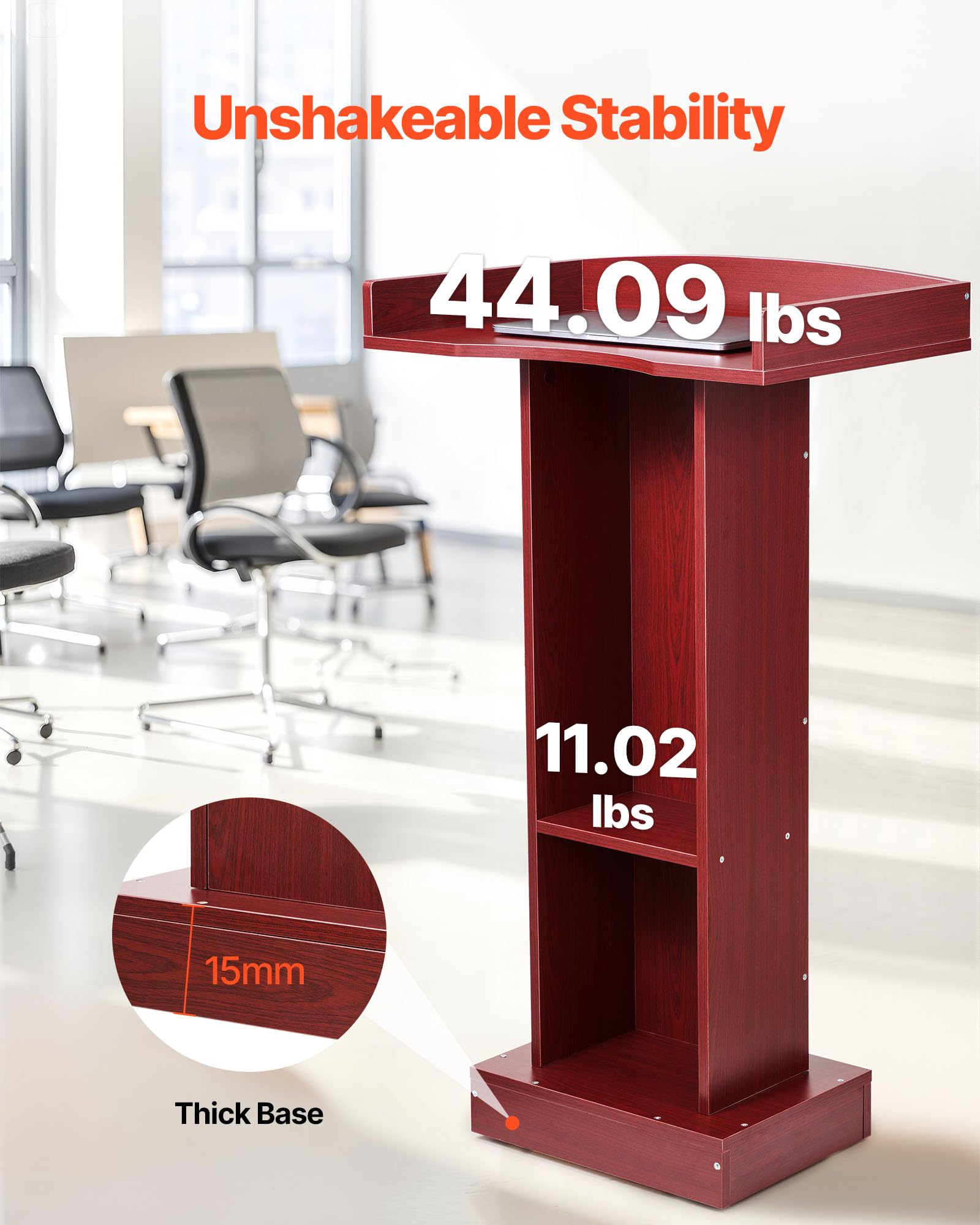 Podium Stand, 41-Inch Wooden Lectern, Laptop Desk with Wide Reading Surface and Storage Shelf, Edge Stopper, Elegant Design, Flool-Standing, for Classroom, Conference, Church, and Presentation