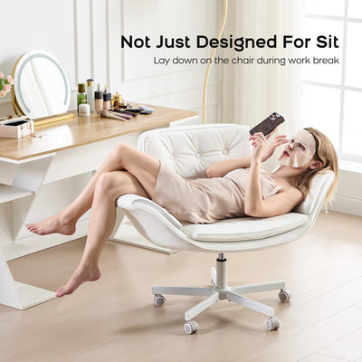 Criss Cross Office Chair, PU Leather Vanity Chair with 5-Level Adjustable Armrests & Swivel, Ergonomic Criss Cross Chair for Home Office Bedroom Makeup（White）