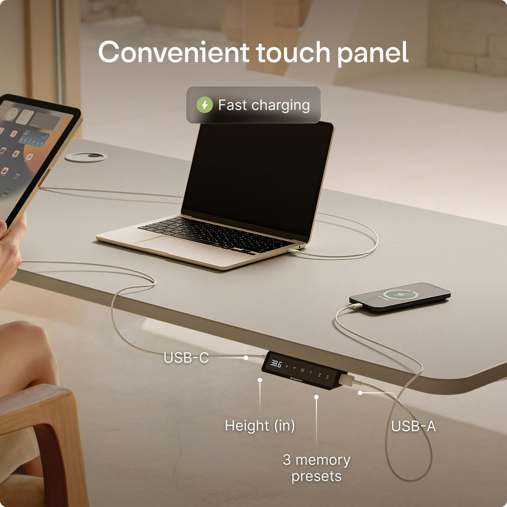 HomePro Standing Desk 54x28 — Made in Europe, Ergonomic Sit Stand Home Office Desk, Electric Height Adjustable, Dual Motor, USB & USB-C Charging, Wobble-Free, Touchscreen, 3 Memory Presets