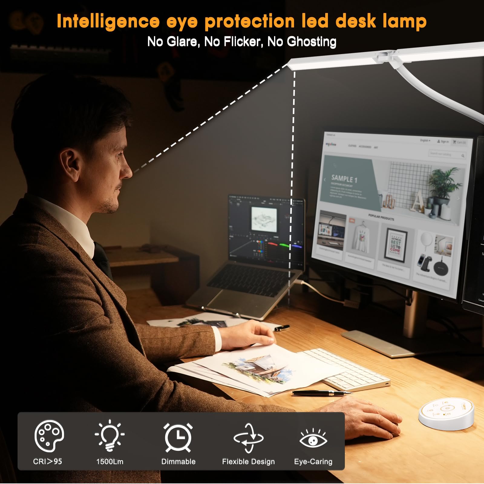 Led Desk Lamp for Office Home - Eye Caring Architect lamp with Clamp,Dual Screen Computer Monitor Work Smart Light: 24W 5 Color Flexible Adjustable Lighting Table Lamp for Study White