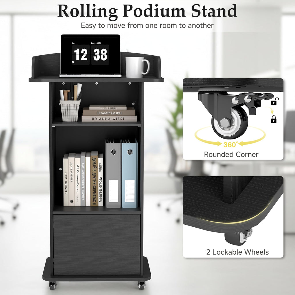 Portable Podium Stand with 4 Metal Wheels, Mobile Lectern Stand with Storage for Church Classroom Restaurant Reception Office Presentation, Wooden Pulpit Desk for Hostess Teacher (Black)