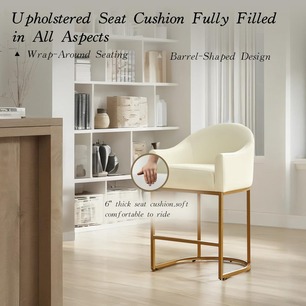 Counter Height Bar Stools Set of 2,Modern Counter Height Bar Stools,PU Leather Upholstered Barrel Barstools with Backs,26'' Kitchen Island Chairs,Metal Gold Frames,Beige White Leather