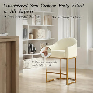 Counter Height Bar Stools Set of 3,Modern Counter Height Bar Stools,PU Leather Upholstered Barrel Barstools with Backs,26'' Kitchen Island Chairs,Metal Gold Frames,Beige White Leather