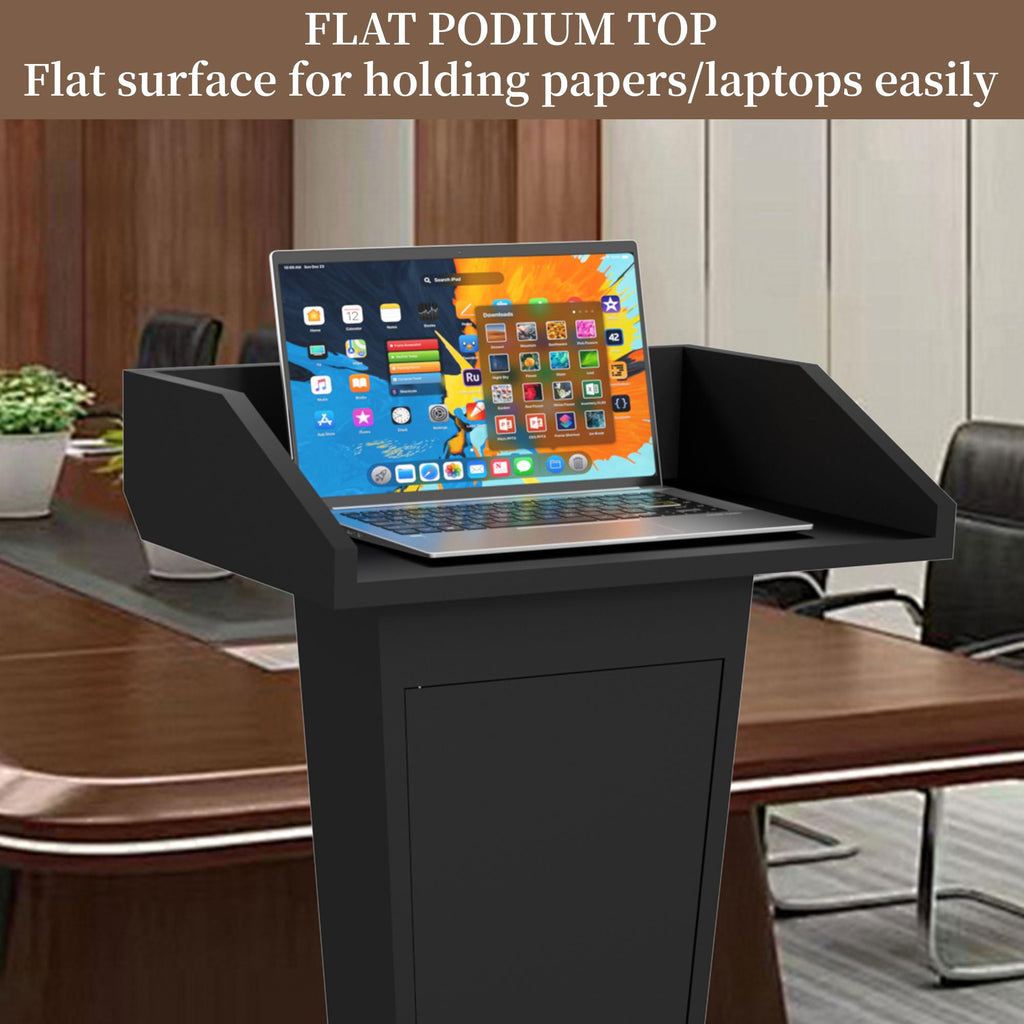 Heavy-Duty Black Metal Podium Stand with Lockable Wheels | Mobile Lectern with Storage Cabinet & Standard 50.4" Height | for Conference Rooms, Churches, Classrooms & Events