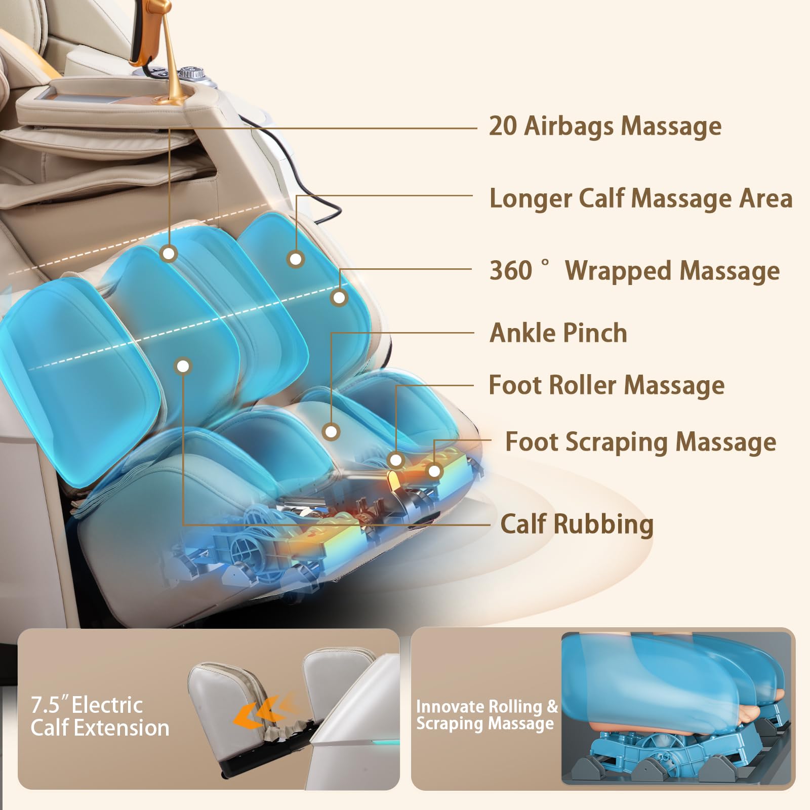 4D Massage Chair Full Body Zero Gravity Recliner - 55“ SL-Track,20 Auto Modes,11 Massage Technique,40 Airbags Massage,with Yoga Stretch,APP Control,Negative Oxygen lons（Beige）