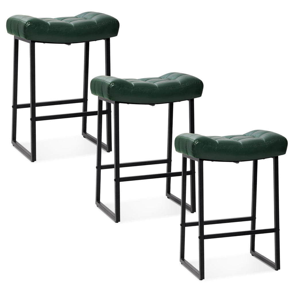 Modern Bar Stools Set of 3 for Kitchen Counter 24 inch Counter Height Backless Barstools with Upholstered Faux Leather Saddle Seat and Metal Frame Industrial Bar Chairs, Dark Green