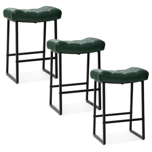 Modern Bar Stools Set of 3 for Kitchen Counter 24 inch Counter Height Backless Barstools with Upholstered Faux Leather Saddle Seat and Metal Frame Industrial Bar Chairs, Dark Green