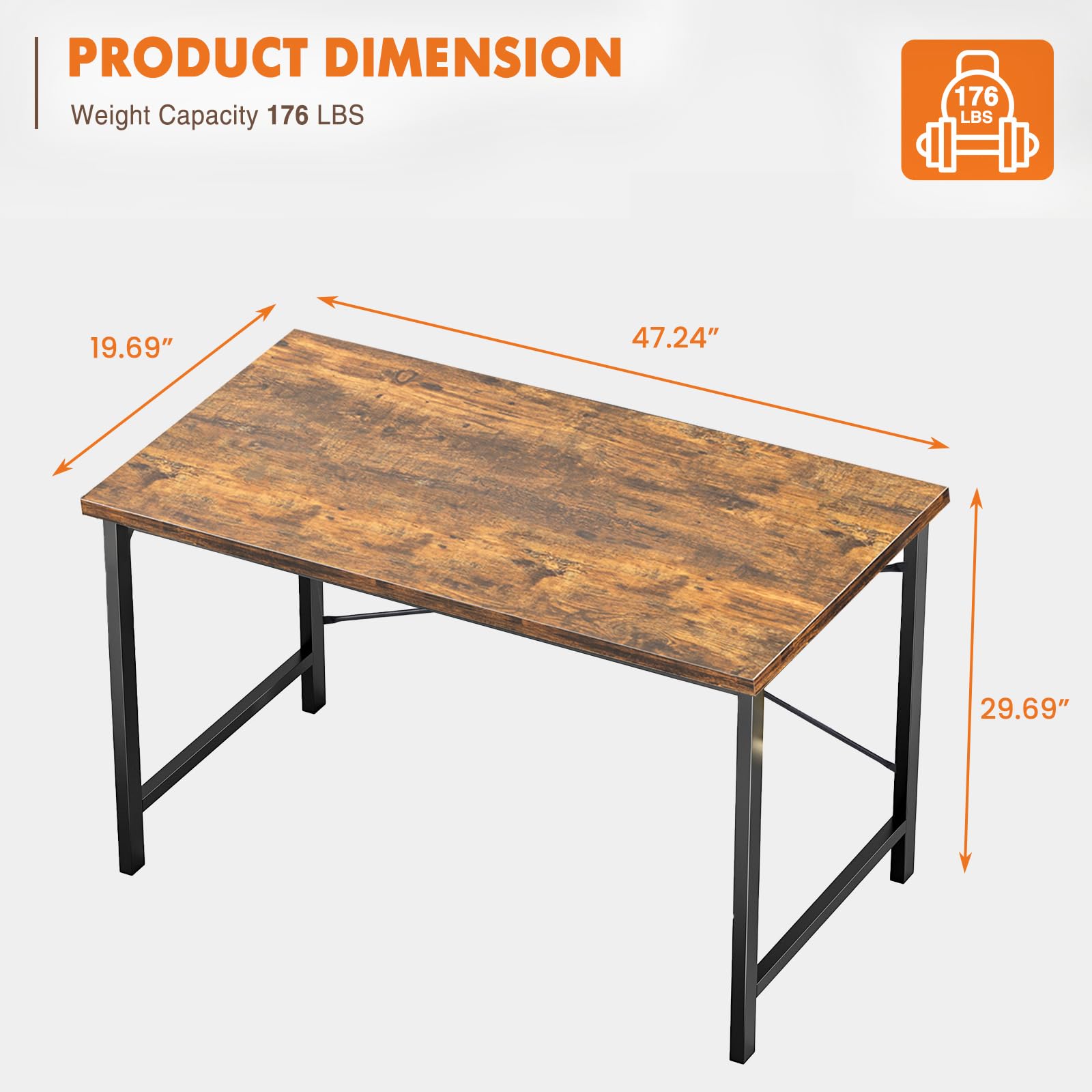 Computer Small Office Desk 47 Inch Student Study Writing Work with Metal Frame Wood Tabletop Modern Simple PC Home Bedroom Table, Rustic Brown