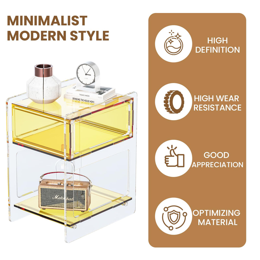 Acrylic Side Table with Storage, Modern Clear Acrylic Nightstand for Bedroom or Living Room, Small Bedside End Table, Stylish Orange Clear Furniture, 15.8" x 11.8" x 19.7"