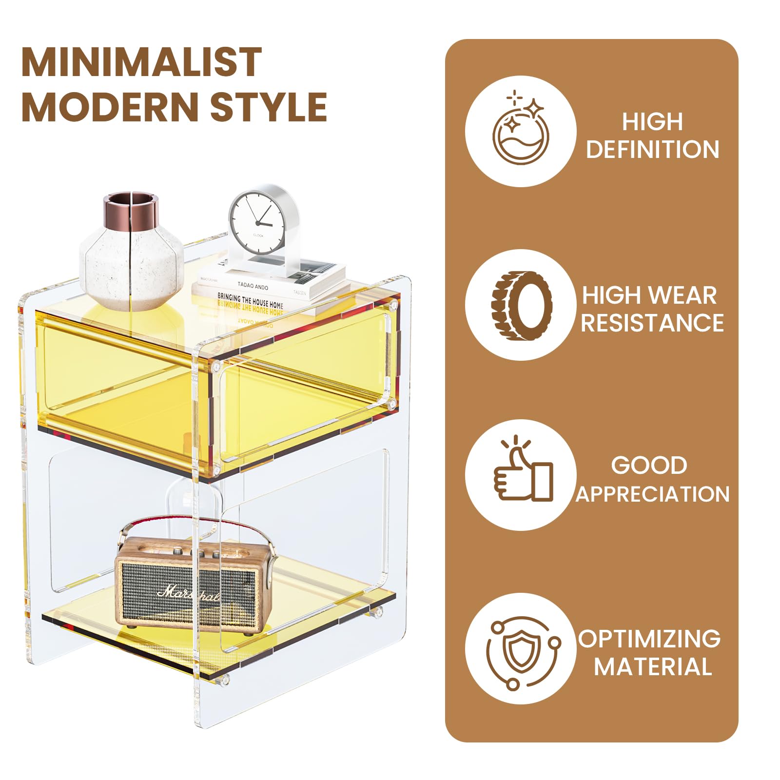 Acrylic Side Table with Storage, Modern Clear Acrylic Nightstand for Bedroom or Living Room, Small Bedside End Table, Stylish Orange Clear Furniture, 15.8" x 11.8" x 19.7"