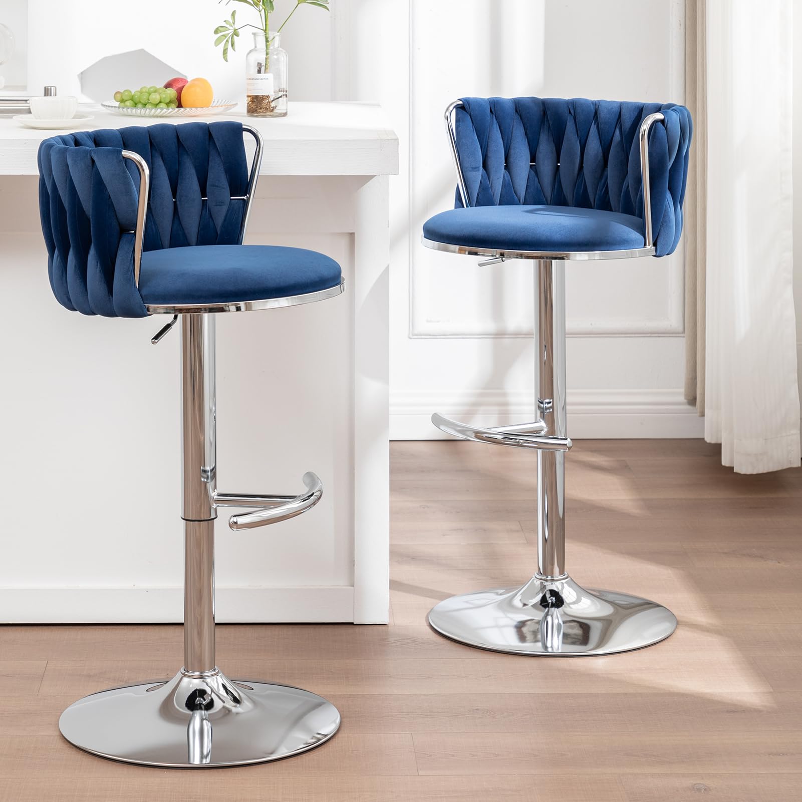 Velvet Bar Stools Set of 2, Swivel Counter Height Bar Stools with Back, Adjustable Woven Barstools for Kitchen Island, Pub, Club (Blue)