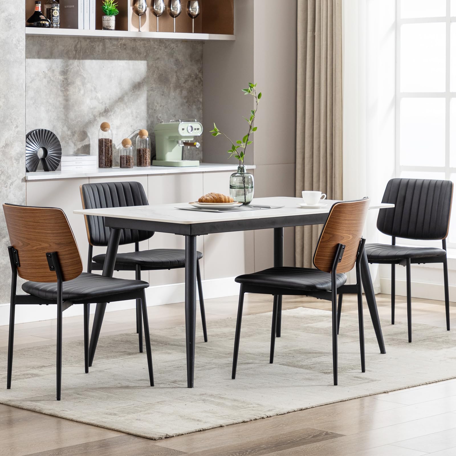 Black Dining Chairs Set of 6,Leather Mid Century Modern Dining Chairs with Bentwood Back and Upholster Seat,Armless Kitchen Chairs with Metal Legs Adjustable Foot for Dining Room(Walnut Black)