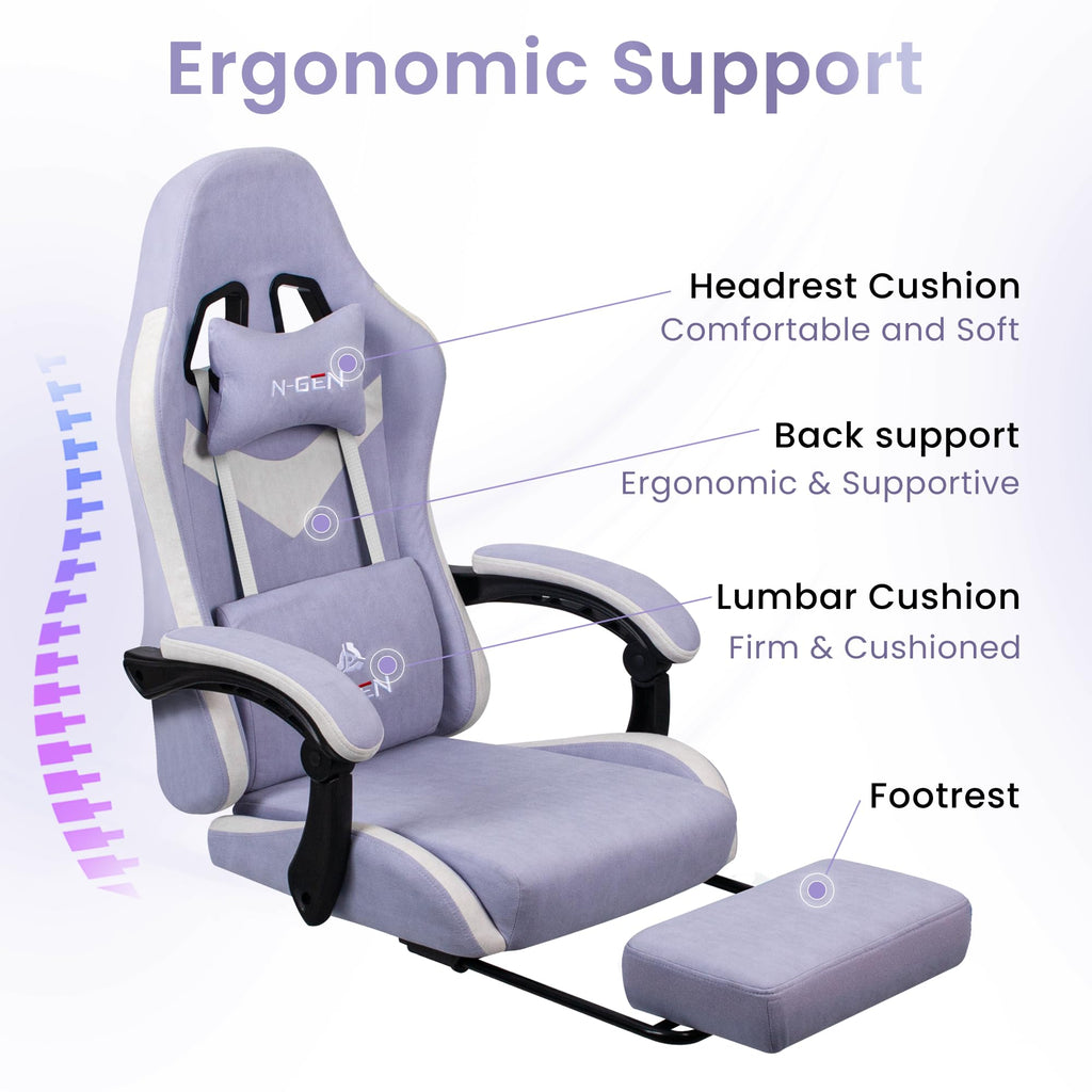 Video Gaming Chair with Footrest Lumbar Support for Home Office High Back Recliner Height Adjustable Ergonomic Comfy Fabric Computer Desk Chair (Purple)