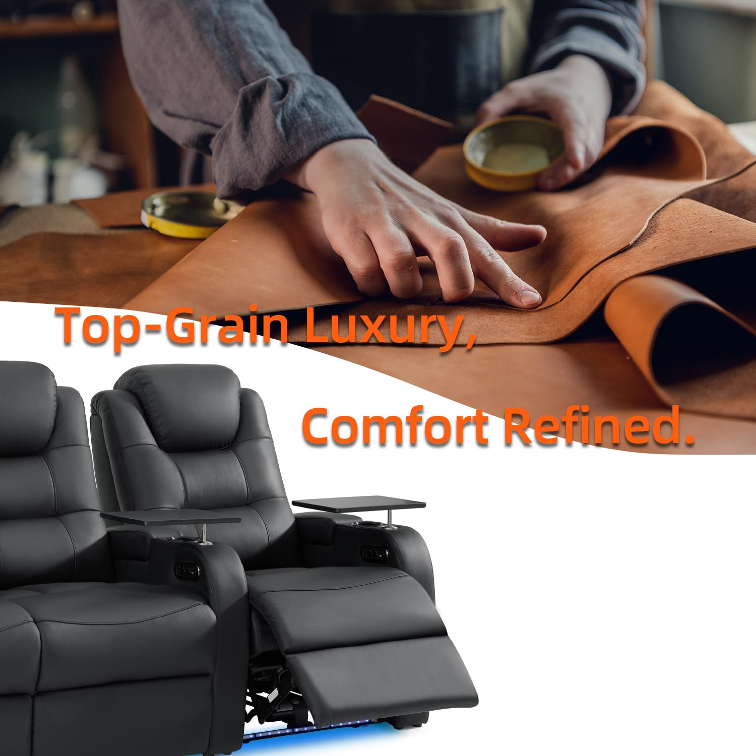 Home Theater Seating Simple Style Seats Top Grain Leather Loveseat Recliner Chair Dual Power Movie Theater Chairs Gaming Sofa with Tray Table (Black, Row of 2 Loveseat)