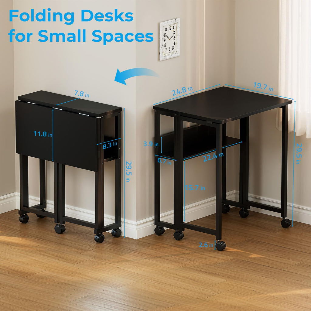 Folding Desk with Wheels, 24.8 Inch Compact Rolling Computer Table with Storage Shelf, Portable Mobile Workstation for Small Spaces, Easy Assembly, Black