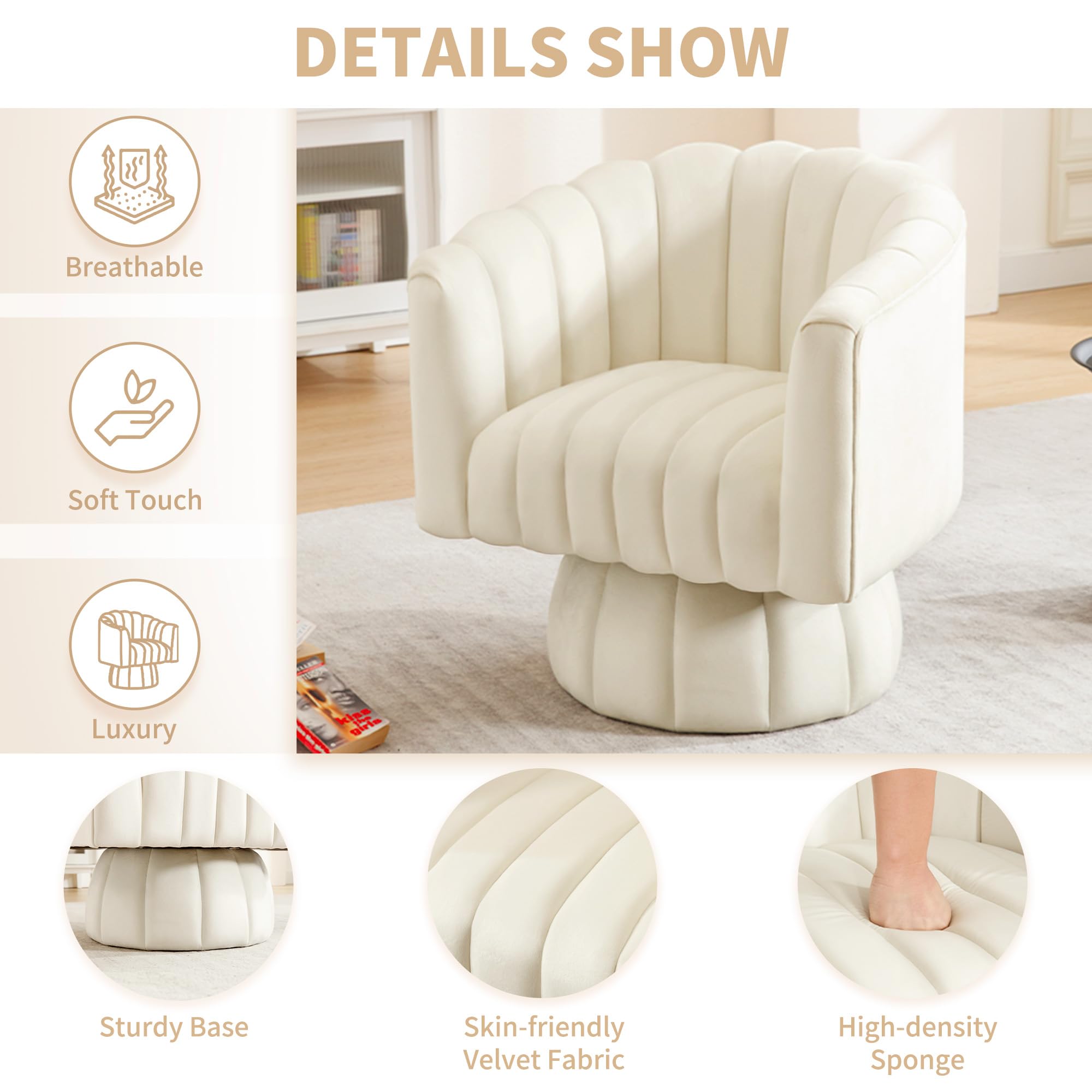Swivel Accent Barrel Chair Set of 2- Cute Comfy Small Round 360° Arm Chair Velvet Sofa Club Reading Chair for Living Room Bedroom Office Beige