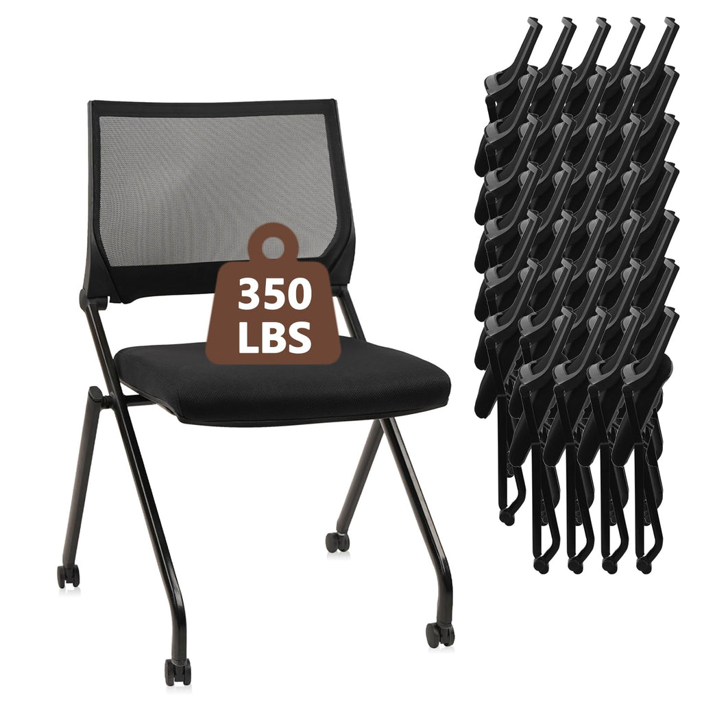 40PACK, Stackable & Foldable Chairs with Wheels, Reception Guest Chairs with Lumbar Support, Ergonomic Mesh Back Folding Chair for Office Schools Training Conference Waiting Room, Black,