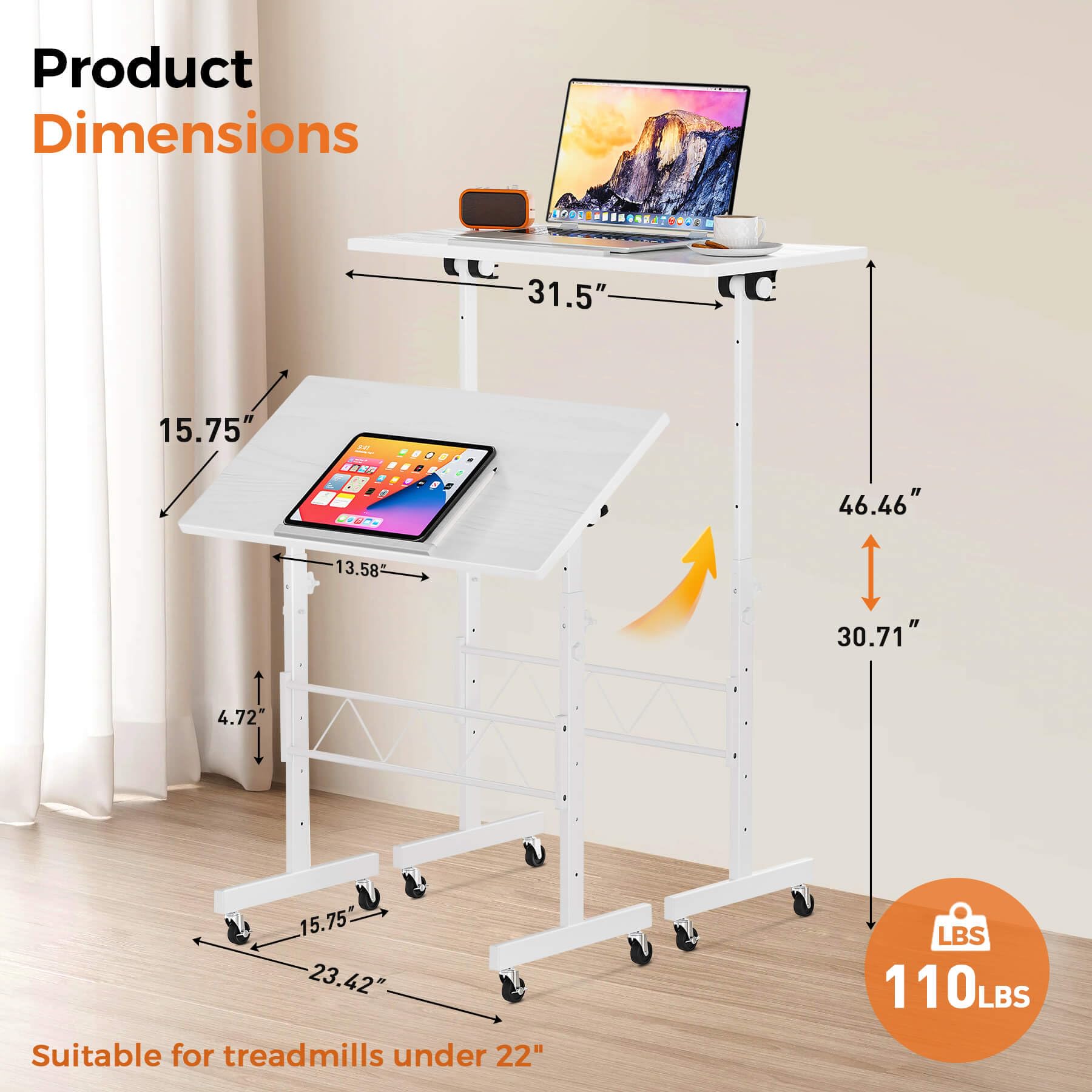 Standing Desk Adjustable Height & Tiltable Tabletop, Portable Stand Up Desk for Laptop, Mobile Folding Desk for Home Office Work and Walking Pad Treadmill, Height 30.7"-46.4", White