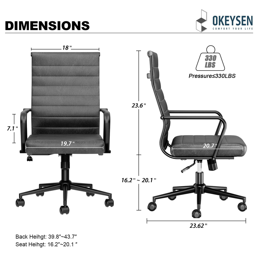 Okeysen Genuine Leather Office Desk Chair, Mid-Century Modern Real Leather Conference Room Chairs, Ergonomic Executive Ribbed Height Adjustable Swivel Rolling Chair for Home Office....